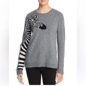 Aqua Cashmere Zebra Sleeve Marled Charcoal Grey Knit Crewneck Sweater Small